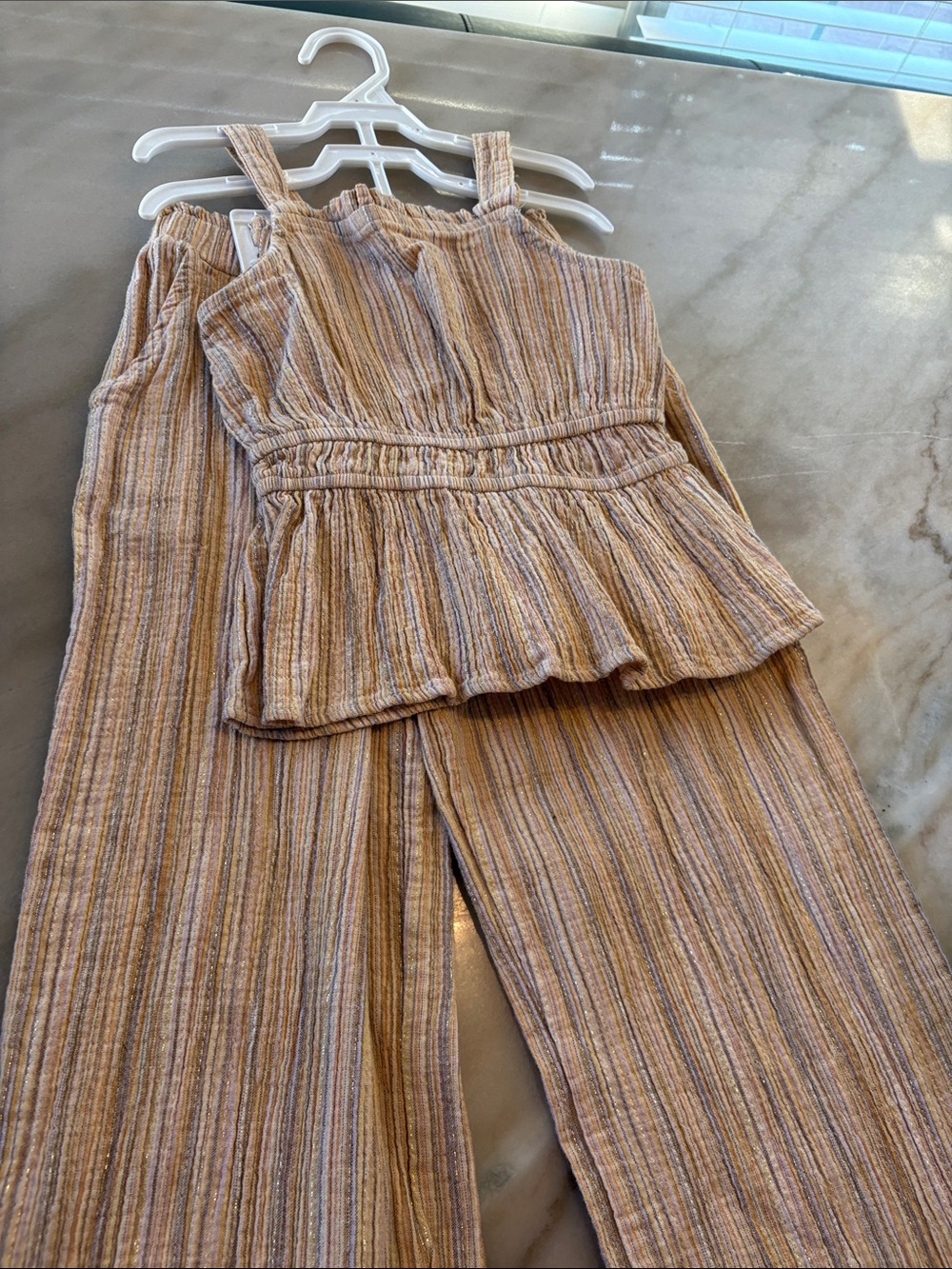 Tahari Tan Striped Two-Piece Wide Leg Set